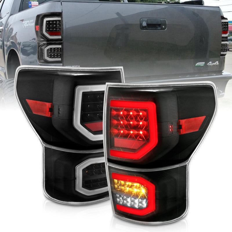 ANZO LED taillights for 2007-2013 Toyota Tundra, featuring a plank style design with black housing and clear lens.