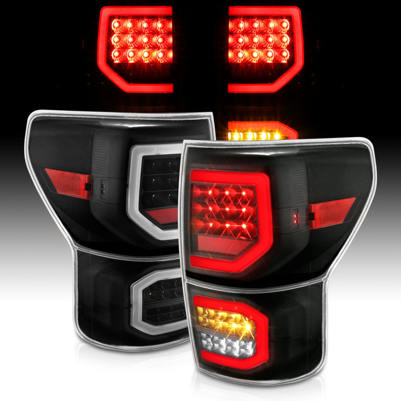 ANZO LED taillights for 2007-2013 Toyota Tundra, featuring a plank style design with black housing and clear lens.