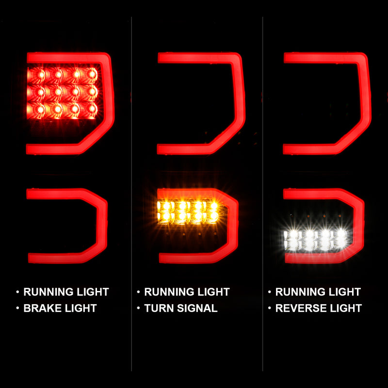 ANZO LED taillights for 2007-2013 Toyota Tundra, featuring a plank style design with black housing and clear lens.