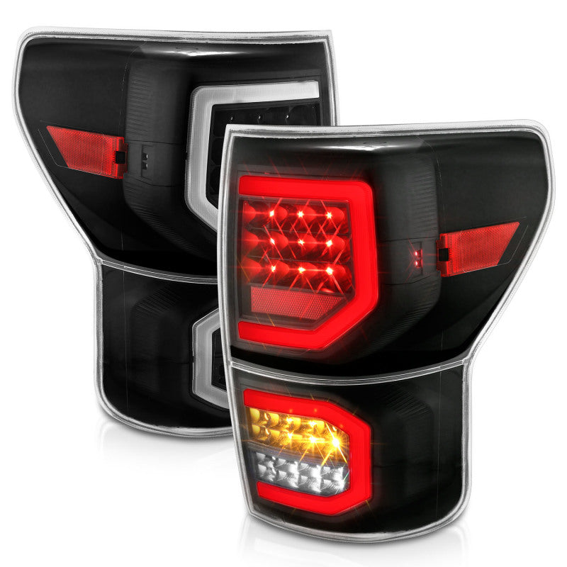 ANZO LED taillights for 2007-2013 Toyota Tundra, featuring a plank style design with black housing and clear lens.