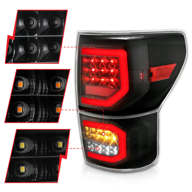 ANZO LED taillights for 2007-2013 Toyota Tundra, featuring a plank style design with black housing and clear lens.