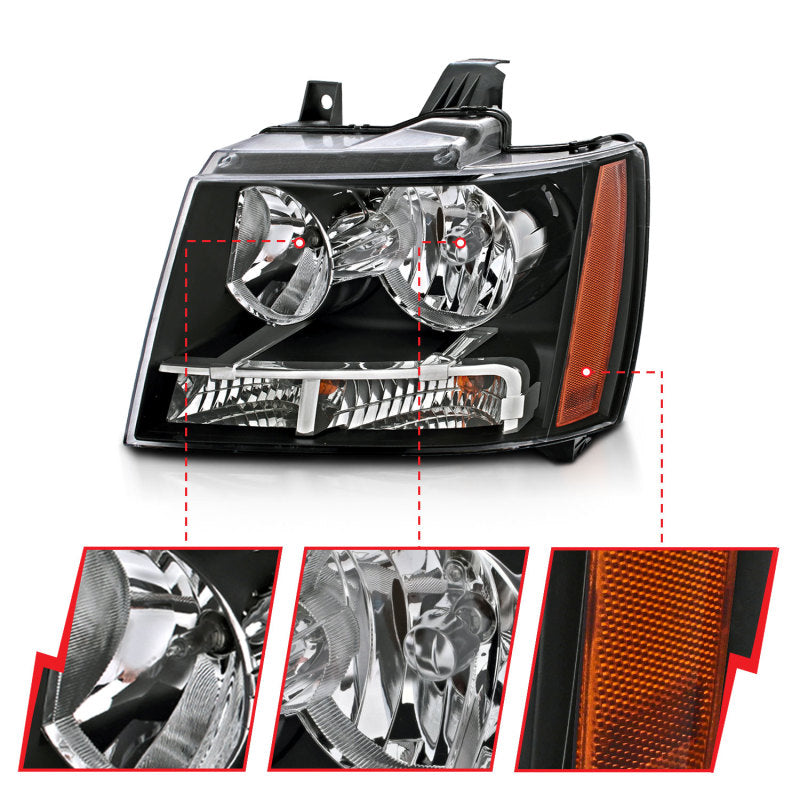 ANZO 2007-2014 Chevrolet Tahoe/Suburban Crystal Headlights with clear lens and black housing.