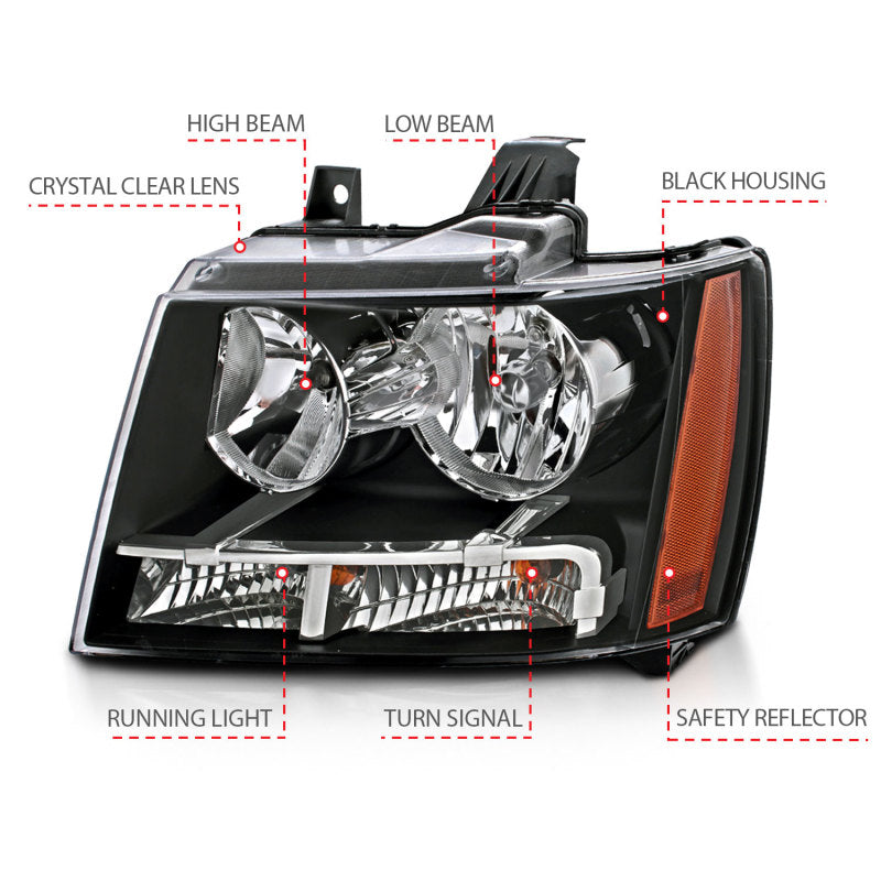 ANZO 2007-2014 Chevrolet Tahoe/Suburban Crystal Headlights with clear lens and black housing.