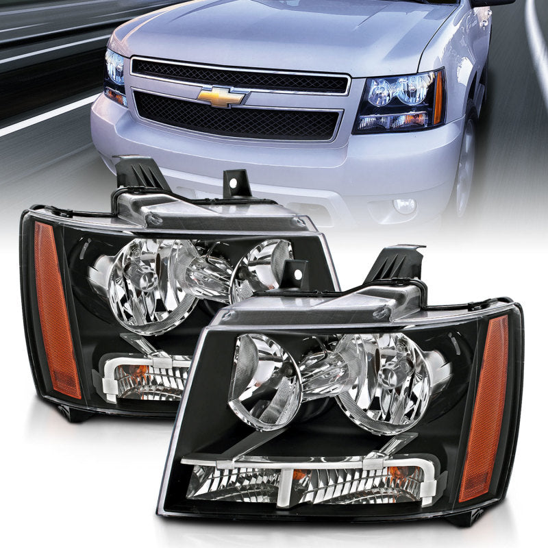 ANZO 2007-2014 Chevrolet Tahoe/Suburban Crystal Headlights with clear lens and black housing.