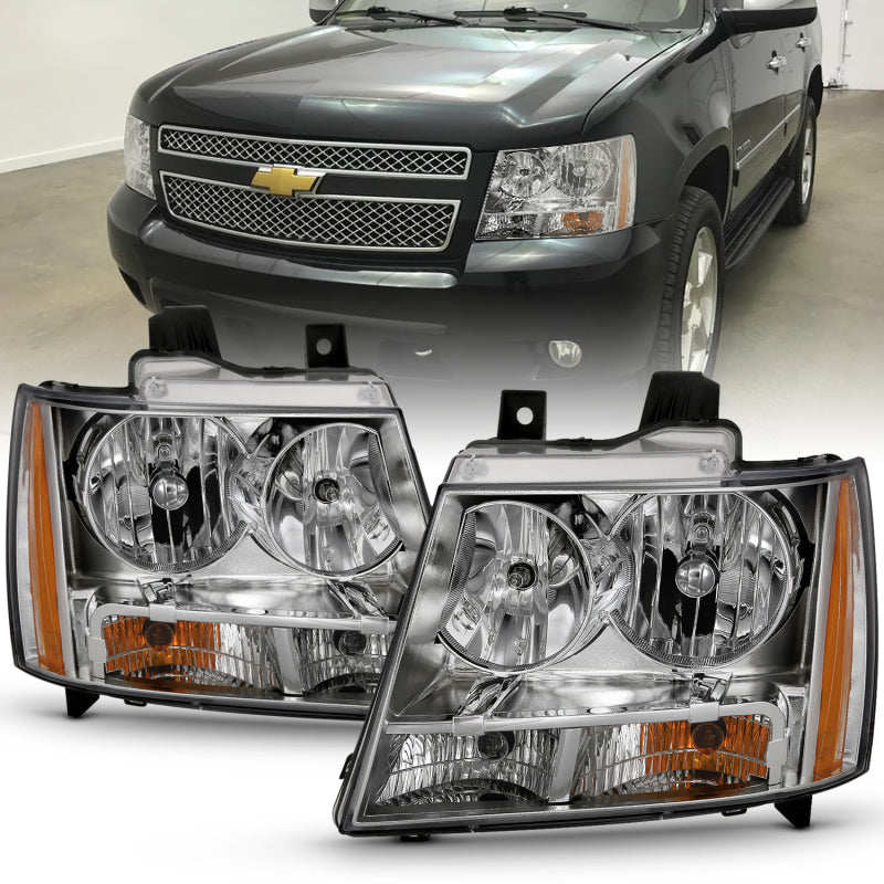 ANZO 2007-2014 Chevy Tahoe Crystal Headlight with Chrome Amber finish, showcasing its sleek design and clear lens.