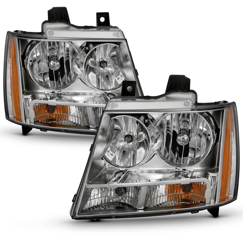 ANZO 2007-2014 Chevy Tahoe Crystal Headlight with Chrome Amber finish, showcasing its sleek design and clear lens.