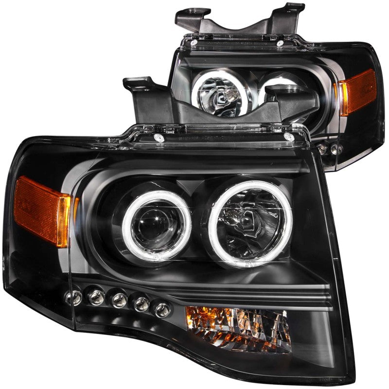 ANZO 2007-2014 Ford Expedition Projector Headlights with Halo Black, featuring clear lens and sleek black housing.