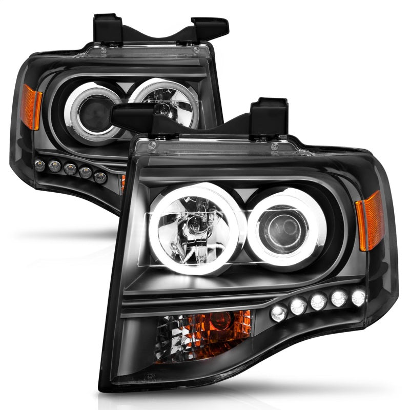 ANZO 2007-2014 Ford Expedition Projector Headlights with Halo Black, featuring clear lens and sleek black housing.