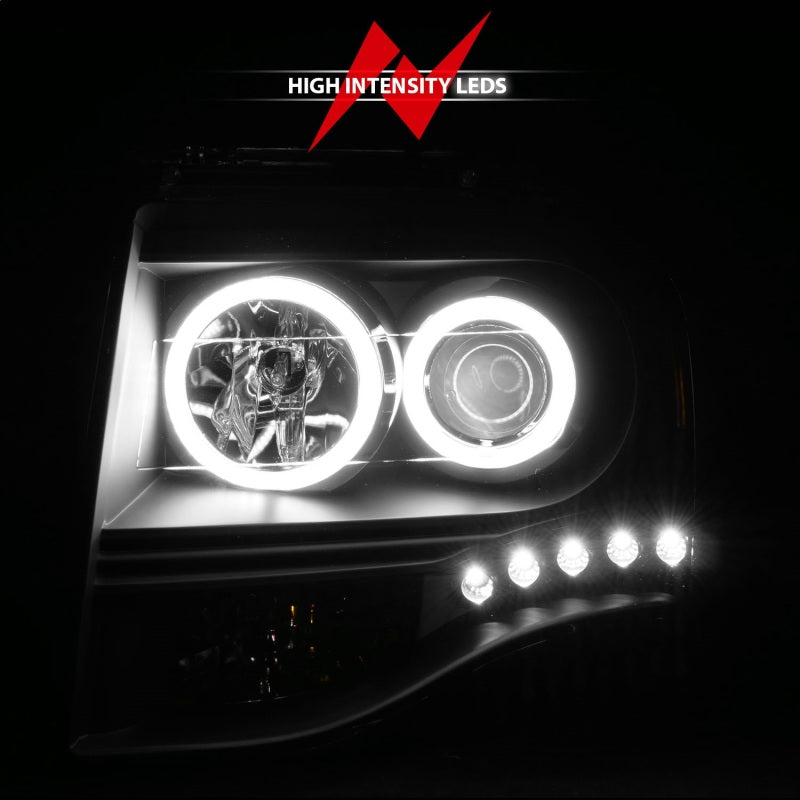 ANZO 2007-2014 Ford Expedition Projector Headlights with Halo Black, featuring clear lens and sleek black housing.