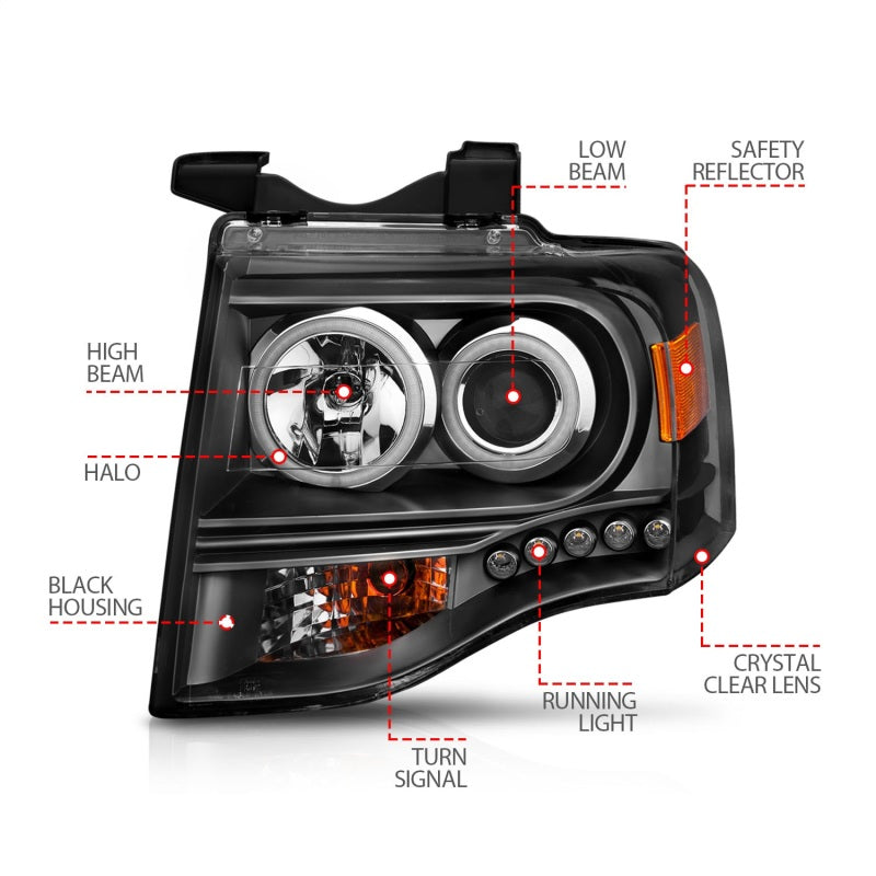 ANZO 2007-2014 Ford Expedition Projector Headlights with Halo Black, featuring clear lens and sleek black housing.