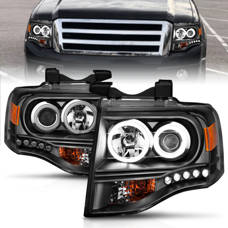 ANZO 2007-2014 Ford Expedition Projector Headlights with Halo Black, featuring clear lens and sleek black housing.