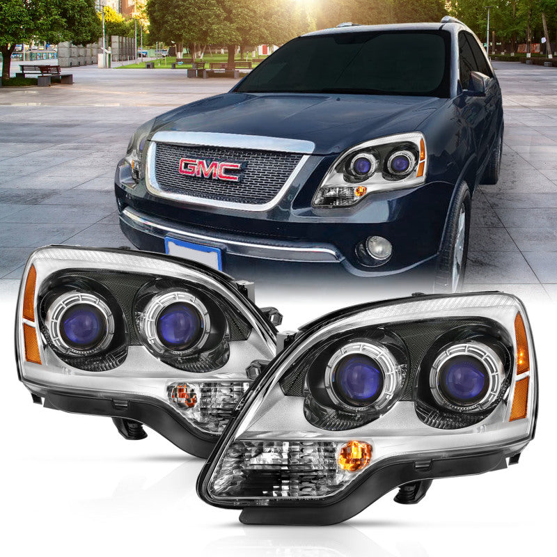 ANZO 2007-2008 GMC Acadia Crystal Headlight with chrome and amber accents, showcasing its sleek design and clear lens.