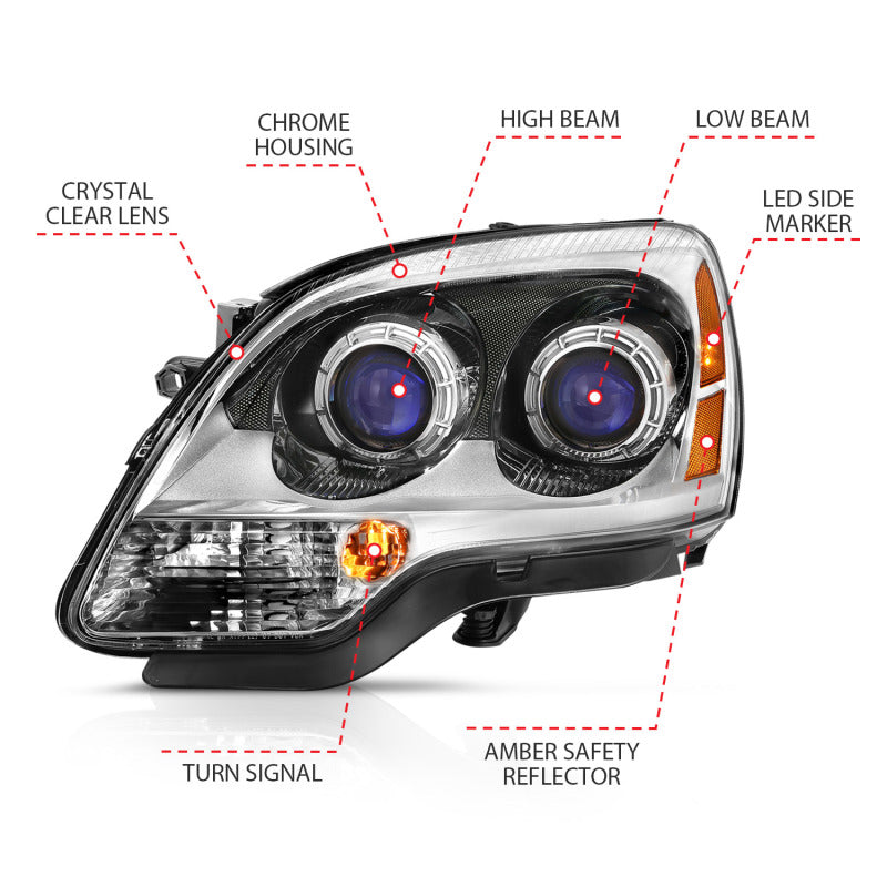 ANZO 2007-2008 GMC Acadia Crystal Headlight with chrome and amber accents, showcasing its sleek design and clear lens.