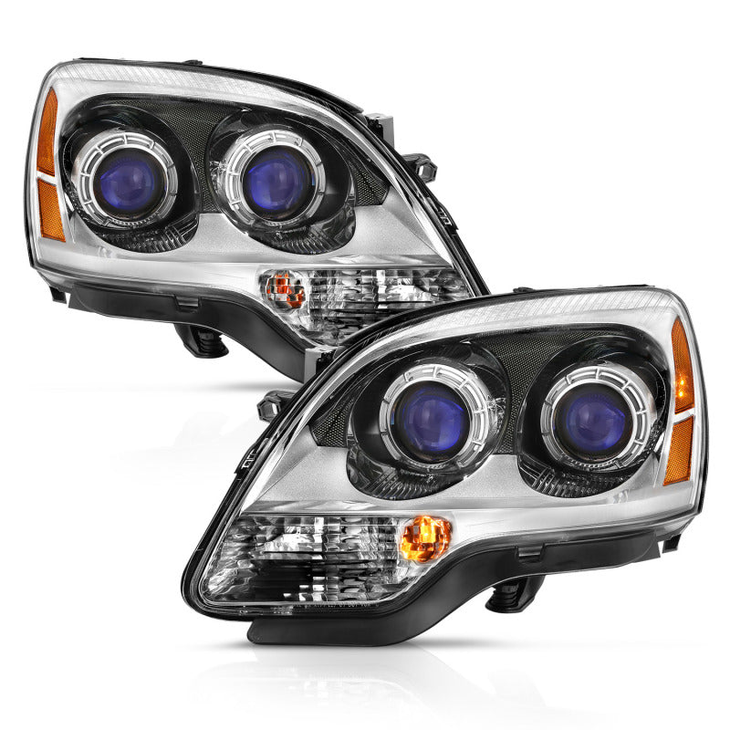 ANZO 2007-2008 GMC Acadia Crystal Headlight with chrome and amber accents, showcasing its sleek design and clear lens.