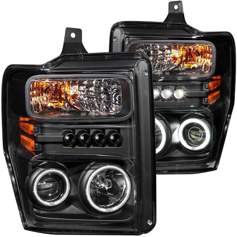 ANZO 2008-2010 Ford F-250 Projector Headlights with Halo Black design, showcasing clear lens and black housing.