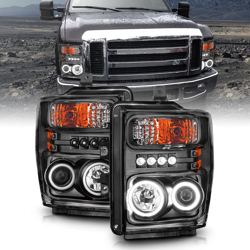 ANZO 2008-2010 Ford F-250 Projector Headlights with Halo Black design, showcasing clear lens and black housing.