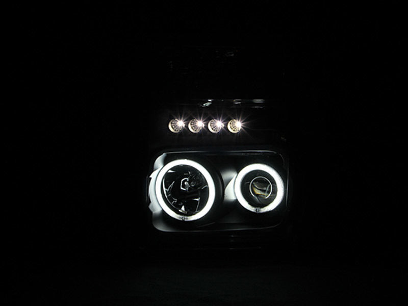 ANZO 2008-2010 Ford F-250 Projector Headlights with Halo Black design, showcasing clear lens and black housing.