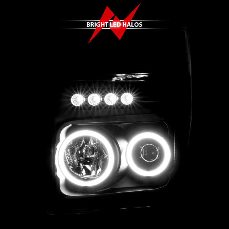 ANZO 2008-2010 Ford F-250 Projector Headlights with Halo Black design, showcasing clear lens and black housing.