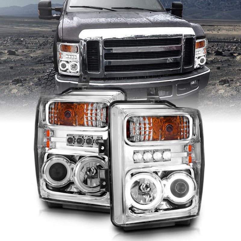 ANZO 2008-2010 Ford F-250 Projector Headlights with Halo Chrome, showcasing clear lens and chrome housing.