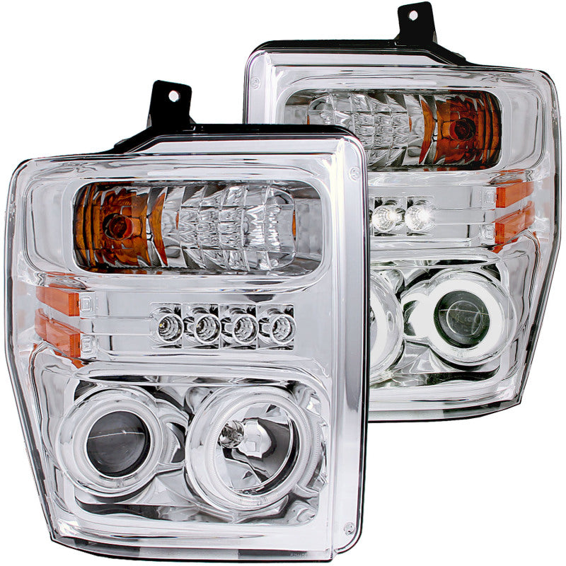 ANZO 2008-2010 Ford F-250 Projector Headlights with Halo Chrome, showcasing clear lens and chrome housing.