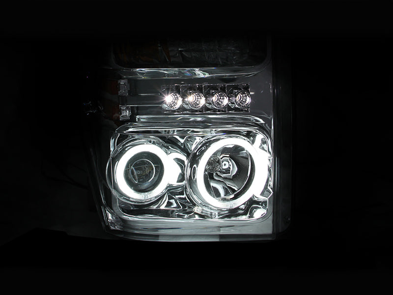 ANZO 2008-2010 Ford F-250 Projector Headlights with Halo Chrome, showcasing clear lens and chrome housing.