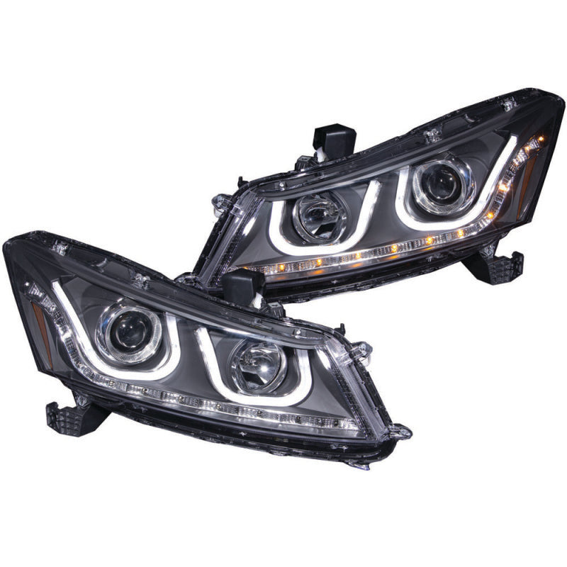 ANZO 2008-2012 Honda Accord projector headlights with U-Bar design in black housing, showcasing clear lens and modern styling.