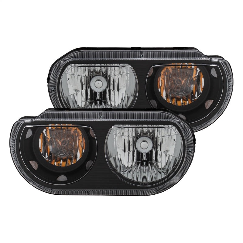 ANZO 2008-2014 Dodge Challenger Crystal Headlights with black housing and clear lens, showcasing modern design and superior lighting.