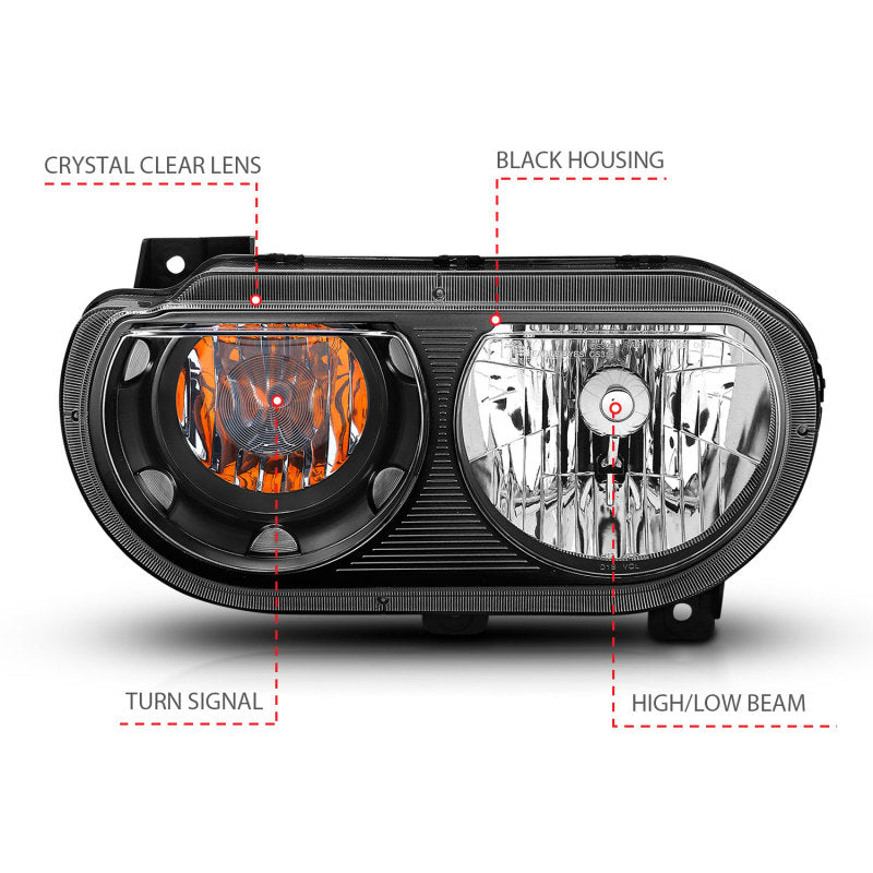 ANZO 2008-2014 Dodge Challenger Crystal Headlights with black housing and clear lens, showcasing modern design and superior lighting.