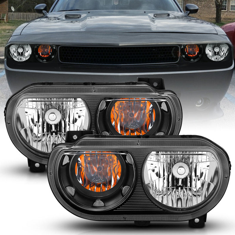 ANZO 2008-2014 Dodge Challenger Crystal Headlights with black housing and clear lens, showcasing modern design and superior lighting.