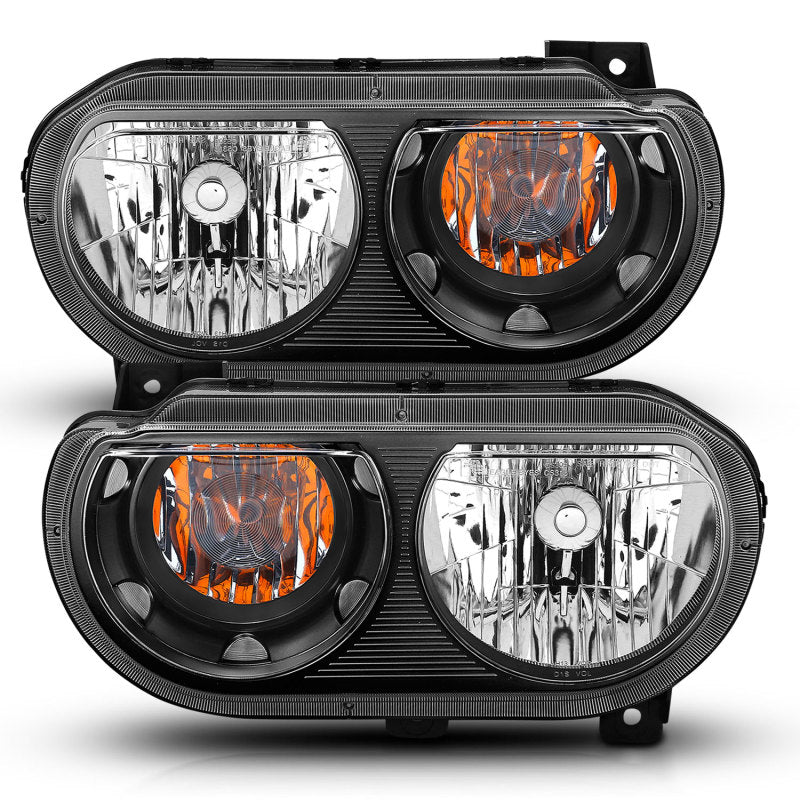 ANZO 2008-2014 Dodge Challenger Crystal Headlights with black housing and clear lens, showcasing modern design and superior lighting.