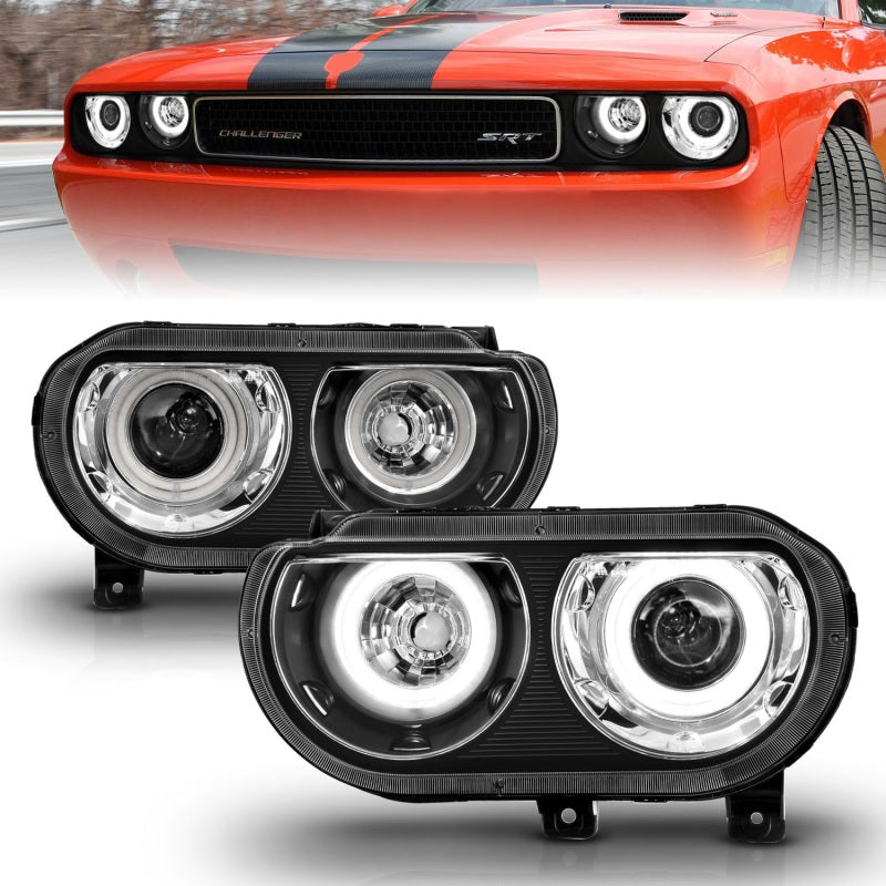 ANZO 2008-2014 Dodge Challenger projector headlights with black housing and halo ring, showcasing modern automotive lighting design.