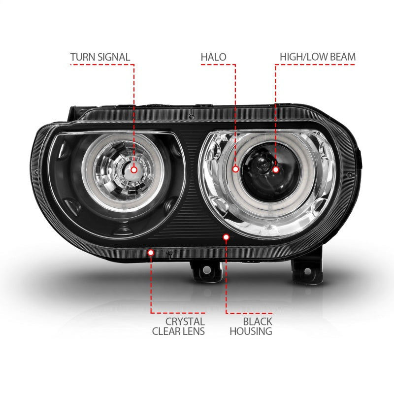 ANZO 2008-2014 Dodge Challenger projector headlights with black housing and halo ring, showcasing modern automotive lighting design.