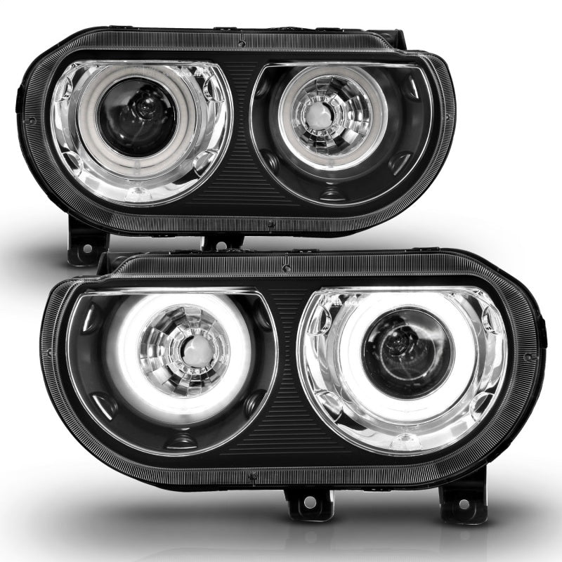 ANZO 2008-2014 Dodge Challenger projector headlights with black housing and halo ring, showcasing modern automotive lighting design.