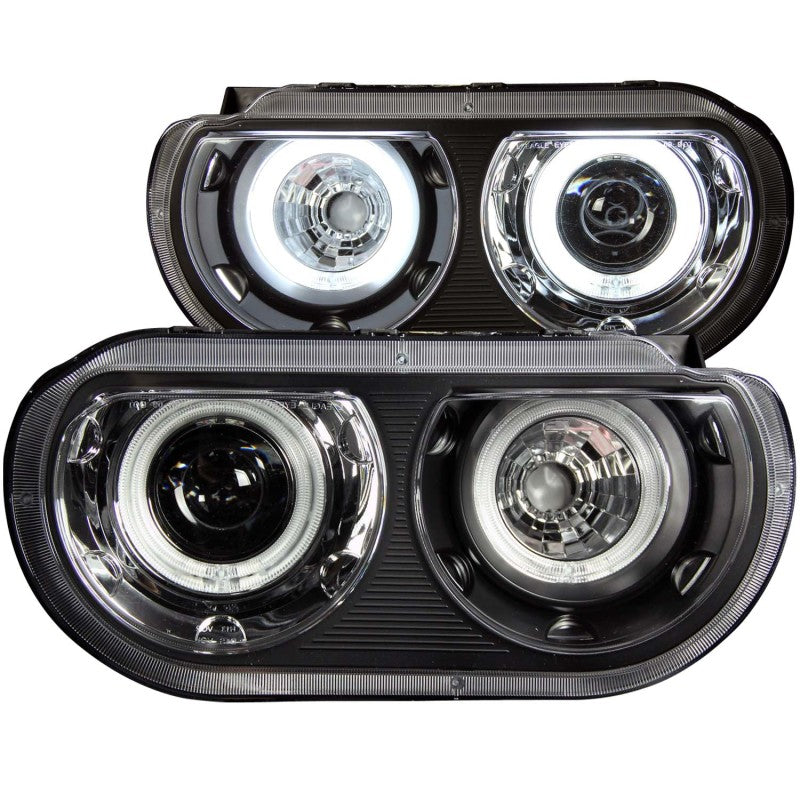 ANZO 2008-2014 Dodge Challenger projector headlights with black housing and halo ring, showcasing modern automotive lighting design.