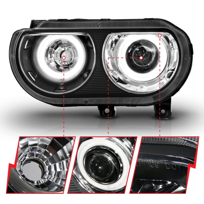 ANZO 2008-2014 Dodge Challenger projector headlights with black housing and halo ring, showcasing modern automotive lighting design.