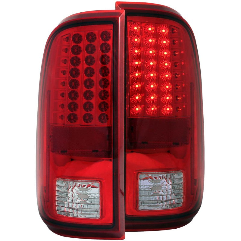 ANZO 2008-2015 Ford F-250 LED Taillights in Red and Clear, showcasing modern design and LED technology.