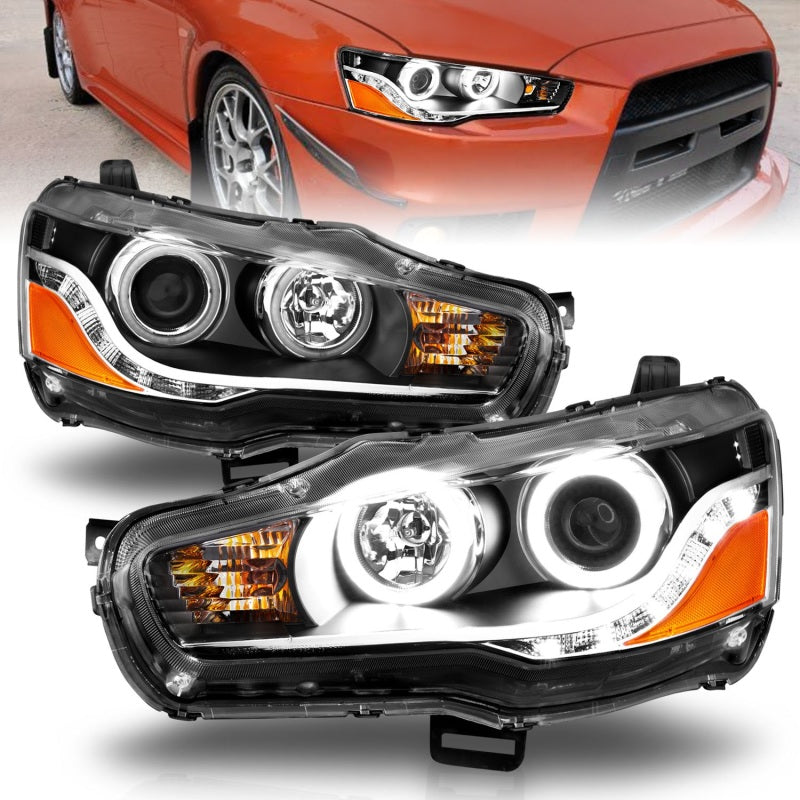 ANZO 2008-2015 Mitsubishi Lancer Projector Headlights with Halo Black design, featuring clear lens and black housing.