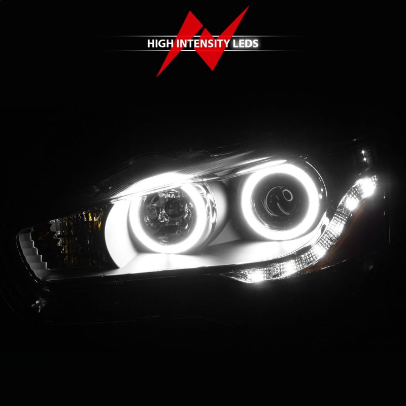 ANZO 2008-2015 Mitsubishi Lancer Projector Headlights with Halo Black design, featuring clear lens and black housing.