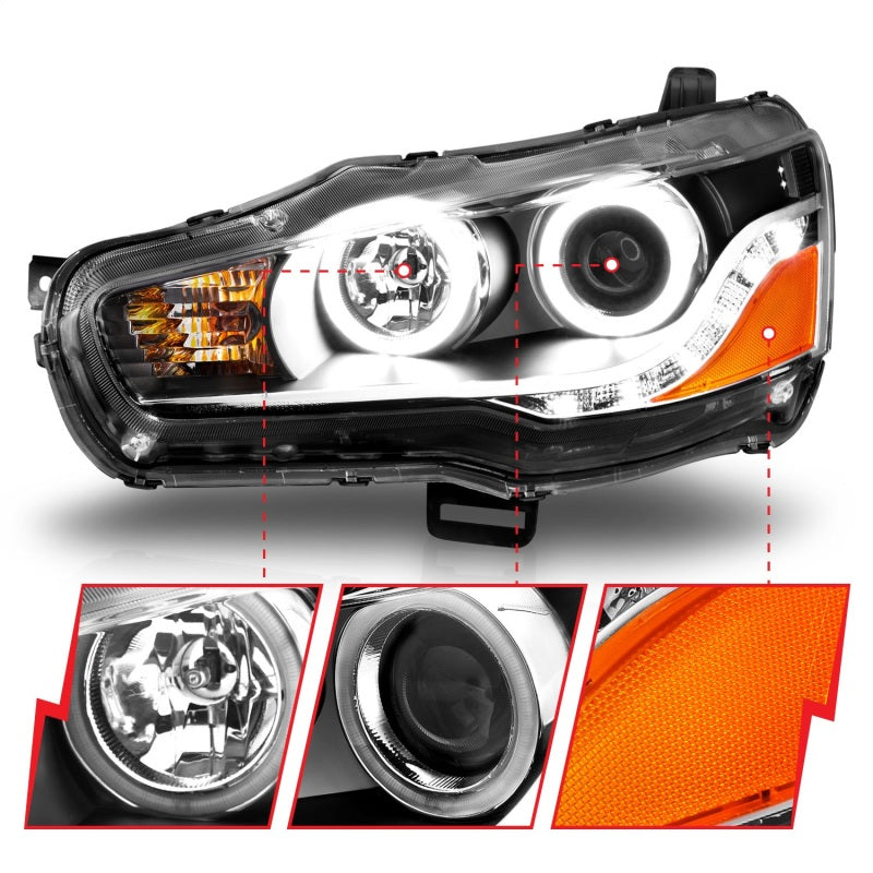 ANZO 2008-2015 Mitsubishi Lancer Projector Headlights with Halo Black design, featuring clear lens and black housing.