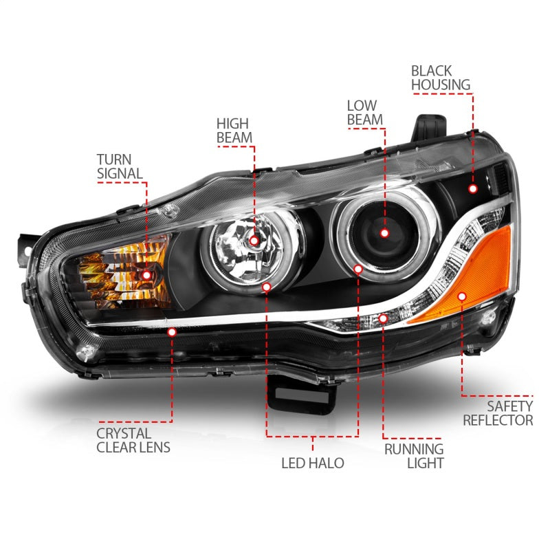 ANZO 2008-2015 Mitsubishi Lancer Projector Headlights with Halo Black design, featuring clear lens and black housing.