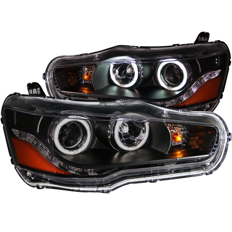 ANZO 2008-2015 Mitsubishi Lancer Projector Headlights with Halo Black design, featuring clear lens and black housing.