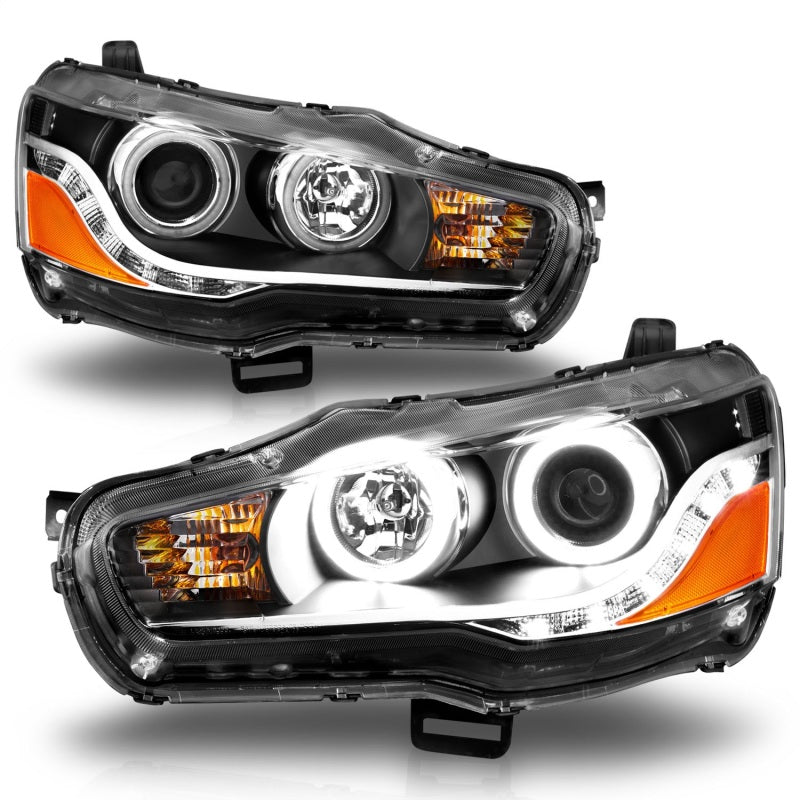 ANZO 2008-2015 Mitsubishi Lancer Projector Headlights with Halo Black design, featuring clear lens and black housing.