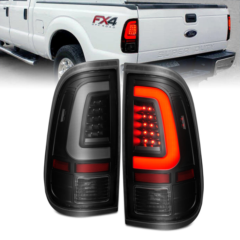 ANZO LED Tail Lights for 2008-2016 Ford F-250, featuring black housing and smoke lens for enhanced visibility and style.