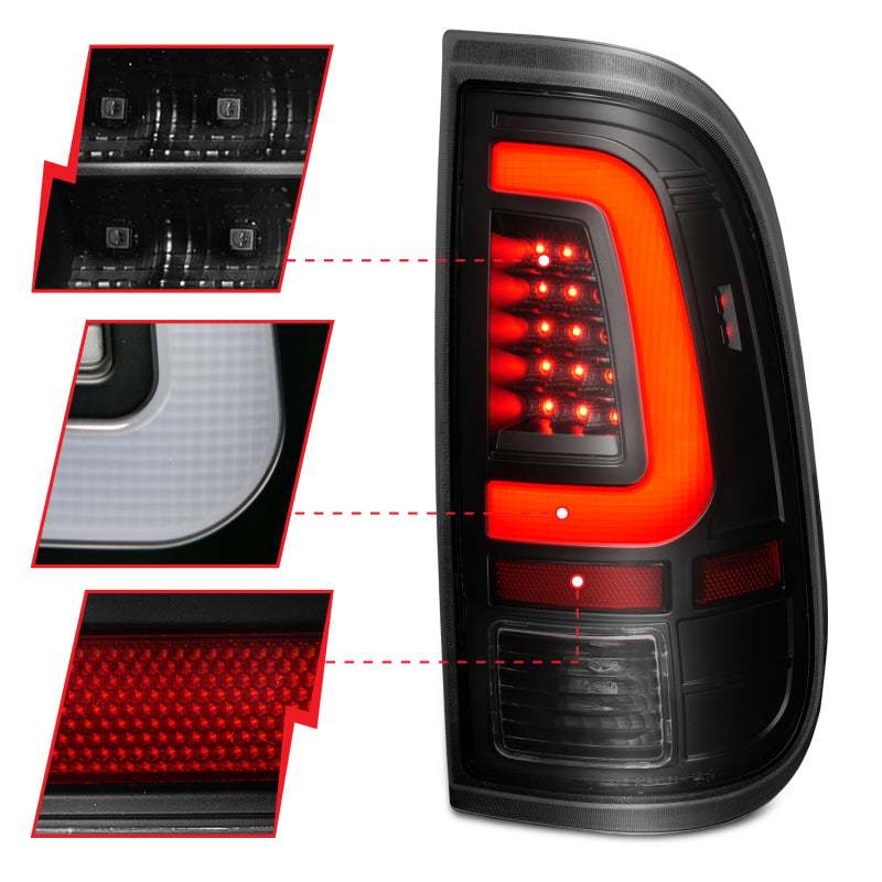 ANZO LED Tail Lights for 2008-2016 Ford F-250, featuring black housing and smoke lens for enhanced visibility and style.