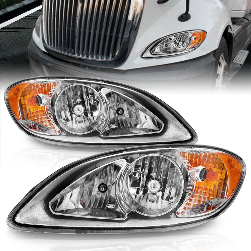 ANZO 2008-2016 International Prostar Crystal Headlights with chrome housing, featuring clear lenses and a sleek design for enhanced visibility.