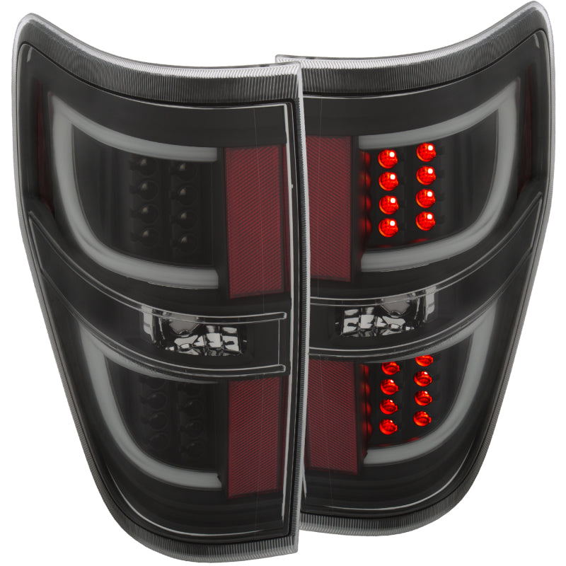 ANZO LED Taillights for 2009-2013 Ford F-150 in black, showcasing modern design and enhanced visibility.