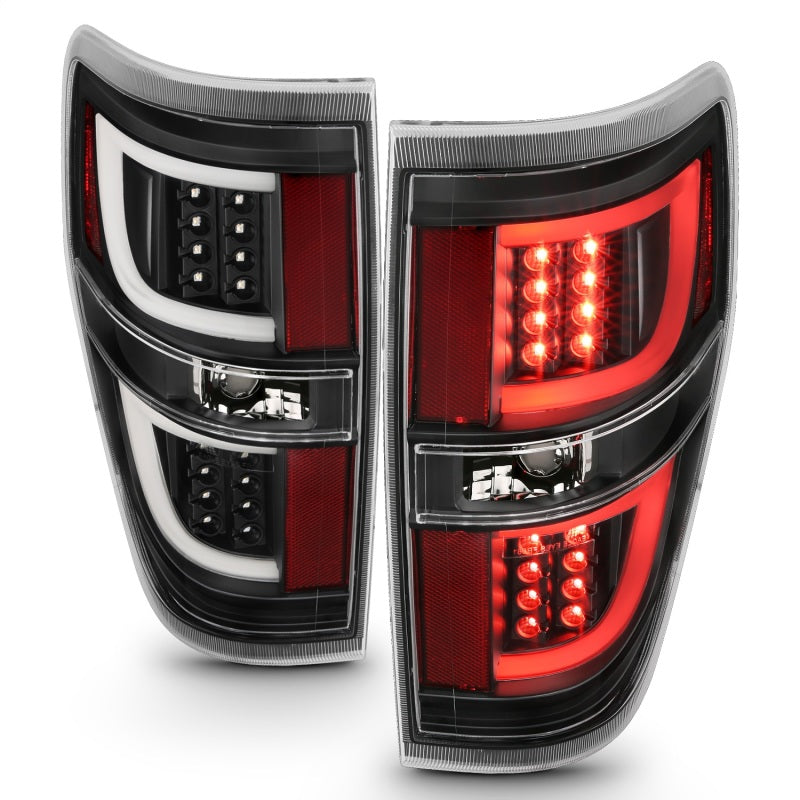 ANZO LED Taillights for 2009-2013 Ford F-150 in black, showcasing modern design and enhanced visibility.