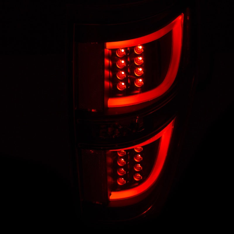 ANZO LED Taillights for 2009-2013 Ford F-150 in black, showcasing modern design and enhanced visibility.