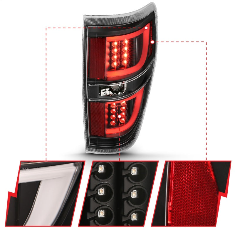 ANZO LED Taillights for 2009-2013 Ford F-150 in black, showcasing modern design and enhanced visibility.