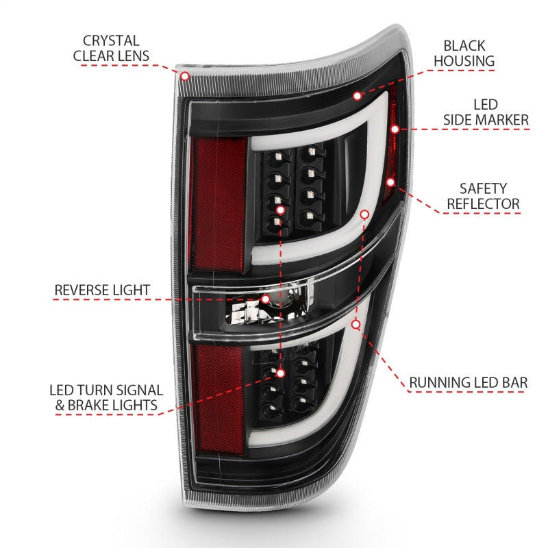 ANZO LED Taillights for 2009-2013 Ford F-150 in black, showcasing modern design and enhanced visibility.